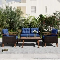 FURNIinspire Patio Seating Sets 4-Pieces Outdoor Wicker Seating Set, Conversation Sofa Set, Sofa Set And Wood Table, Brown And Blue, 46“*25”*28“ -Home Decor GUEST 05bfa616 e844 4e06 8771 3ea484f78ef6