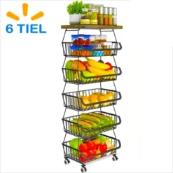 FURNIinspire Kitchen Rack Holder Metal Baskets With Wheels Stackable Storage Organizer For Dining Room Bathroom Fruit Cart, Black, 12.09"*7.02"*15.99" -Home Decor GUEST 05d77cad 8b3e 45ae a98c c6a1eb693a98