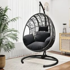 FURNIinspire Patio Swings Hanging Chair With Seat Cushion For Relaxation, Outdoor Indoor Wicker Swing Egg Chair With Stand, Gray, 42“*47"*73"