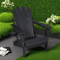 FURNIinspire Patio Accent Chairs Folding Adirondack Chair, Outdoor Adirondack Chair With Cup Holder, Wood Texture Folding Chair, Black, 32"*29"*36" -Home Decor GUEST 07bd358b 9e2c 4713 98bd 9dd3edde25ea