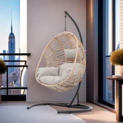FURNIinspire Patio Swings Wicker Swing Egg Chair With Stand, Outdoor Indoor Hanging Chair With Beige Seat Cushion, Natural Color, 42“*47"*73" -Home Decor GUEST 088f6f4e 0b7d 4e8c 9491 51a97521f158