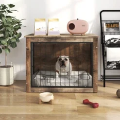 FURNIinspire Pet Crates And Houses Dog Crate Furniture With Double Doors, Medium Wooden Dog Cage, Indoor Dog Kennel, Brown, 32.68"*22.05"*25.2" -Home Decor GUEST 0975c5df 855b 46b6 91f5 d7a397c47d65