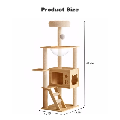 FURNIinspire Pet Tower Modern Cat Tower Cat Tree Indoor Kitty Playhouse, Cat Condo Hammock, Scratching Posts, Pet Furniture, Brown, 15.5"*18.7"*48.4" 2 FURNIinspire Pet Tower Modern Cat Tower Cat Tree Indoor Kitty Playhouse, Cat Condo Hammock, Scratching Posts, Pet Furniture, Brown, 15.5"*18.7"*48.4" - Image 2