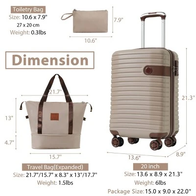 FURNIinspire Bag And Luggage Sets 3 Piece Carry On Luggage Sets, Lightweight Hard Shell Suitcase With Wheel, Bag Set, Beige, 8.9"*13.6"*21.3" 2 FURNIinspire Bag And Luggage Sets 3 Piece Carry On Luggage Sets, Lightweight Hard Shell Suitcase With Wheel, Bag Set, Beige, 8.9"*13.6"*21.3" - Image 2