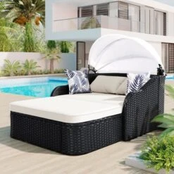 FURNIinspire Patio Chaise Lounges Outdoor Sunbed With Adjustable Canopy, Patio Chaise Lounge, Black Wicker Daybed And Beige Cushion, 79.9“*52.4"*49.6" -Home Decor GUEST 0b703d88 16d6 486f a8c0 b219d8dfe379