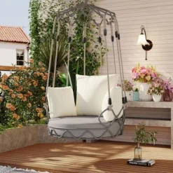 FURNIinspire Patio Swings Outdoor Porch Swing Chair Hanging Basket For Backyard, Garden, Hanging Chair With UV Resistant Cushion, Beige, 34"*32"*77" 9 FURNIinspire Patio Swings Outdoor Porch Swing Chair Hanging Basket For Backyard, Garden, Hanging Chair With UV Resistant Cushion, Beige, 34"*32"*77" -Home Decor GUEST 0c06a601 2fd3 4985 9a0c 29d38b121ed5