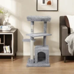 FURNIinspire Pet Tower Double Level Cat Tree Stand, Pet Tower Pet Furniture Kittens Activity Tower, Kitty Pet Play House, Gray, 15.7"*15.7"*31.4" -Home Decor GUEST 0f01c069 edd9 44c0 a903 75b1d44e3f1b