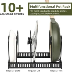FURNIinspire Kitchen Rack Pot Rack Expandable Pan Organizer Lid Holder Adjustable Kitchen Cabinet Cookware Frying Rack, Black, 12.29"*8.19"*2.73"