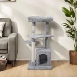 FURNIinspire Pet Tower Double Level Cat Tree Stand, Pet Tower Pet Furniture Kittens Activity Tower, Kitty Pet Play House, Gray, 15.7"*15.7"*31.4" -Home Decor GUEST 101c5938 4a34 4710 bfd9 7340e1b3c25f