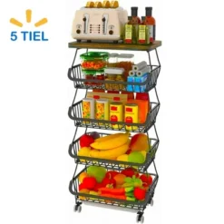 FURNIinspire Kitchen Holder Metal Baskets With Wheels Stackable Storage Organizer For Dining Room Bathroom Fruit Cart, Black, 15.99"*12.09"*6.63" -Home Decor GUEST 14fb931a 3153 468b a493 29d250e3af05