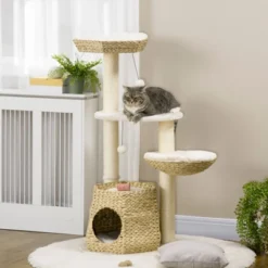 FURNIinspire Cat Tree Kitty Activity Center, Cat Climbing Toy With Cattail Fluff, Bed, Condo, Sisal Scratching Post, Natural, 19.8"*19.8"*46.8" -Home Decor GUEST 19993a37 8600 4888 84ab 9d517f38ad87