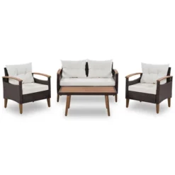 FURNIinspire Patio Seating Sets 4-Pieces Outdoor Wicker Seating Set, Conversation Sofa Set, Sofa Set And Wood Table, Brown And Beige, 46“*25”*28“ -Home Decor GUEST 237db747 be95 4185 8413 23773b8adc46