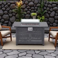 FURNIinspire Outdoor Fireplaces Backyard Rectangular Hollow Iron Stove With Glass Cover, Outdoor Heater, Patio Fire Pit, Gray, 24.8"*41.7"*24"