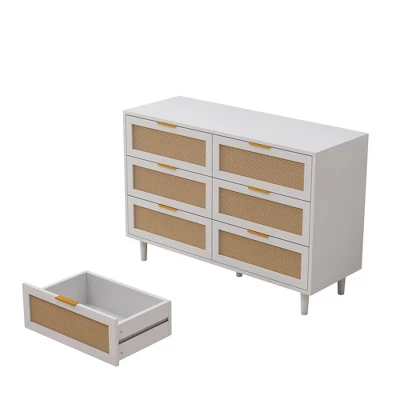 FURNIinspire Dressers Rattan Storage Cabinet Clothes Storage Cabinet With 6 Drawer For Bedroom Nursery, Large Capacity, White, 43.31"*15.75"*29.53" 4 FURNIinspire Dressers Rattan Storage Cabinet Clothes Storage Cabinet With 6 Drawer For Bedroom Nursery, Large Capacity, White, 43.31"*15.75"*29.53" - Image 4