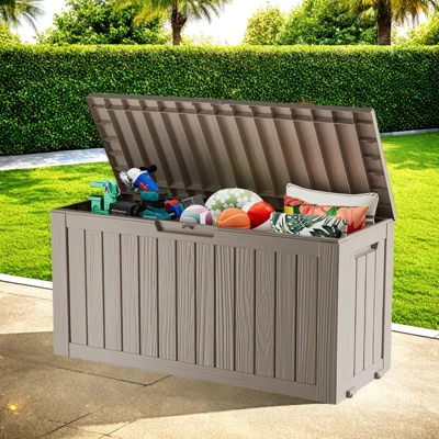 FURNIinspire Deck Boxes 75 Gallon Waterproof Resin Deck Box, Outdoor Storage Container Storage Bin, All Weather Use, Light Brown, 18“*46”*23“ 1 FURNIinspire Deck Boxes 75 Gallon Waterproof Resin Deck Box, Outdoor Storage Container Storage Bin, All Weather Use, Light Brown, 18“*46”*23“