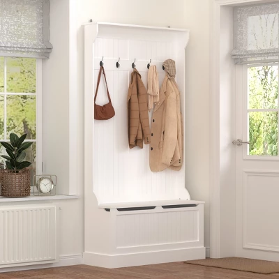 FURNIinspire Hall Trees Standing Clothes Rack Coat Rack Entryway Bench With Shoe Storage, 5 Hooks, Entryway Organizer, White, 13.4"*37.8"*70.9" 1 FURNIinspire Hall Trees Standing Clothes Rack Coat Rack Entryway Bench With Shoe Storage, 5 Hooks, Entryway Organizer, White, 13.4"*37.8"*70.9"