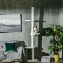 FURNIinspire Floor To Ceiling Cat Tree Scratching Posts, Cat Climbing Tower With Cloud Shape Platforms, Anti-toppling Device, White, 19"*12.5"*100.5" -Home Decor GUEST 27771373 0bca 4624 9568 16d4a2895e2a