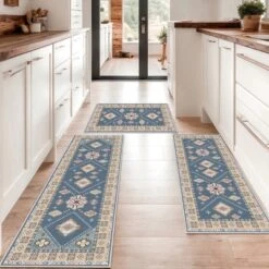 FURNIinspire Floor Mats 3 Piece Modern Kitchen Rug Non-Slip Floor Carpet Large Machine Washable Area Rugs For Bathroom, Blue, 20"*60"