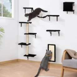 FURNIinspire Pet Tower Cat Wall Shelves, Wall Mounted Cat Climber Set Of 5, Floating Cat Perches, Cat Furniture, Black, 19.75"*8"*38.25" -Home Decor GUEST 2b158c8d 9d1e 4b5f 874e 93a29bb093ff