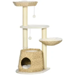 FURNIinspire Cat Tree Kitty Activity Center, Cat Climbing Toy With Cattail Fluff, Bed, Condo, Sisal Scratching Post, Natural, 19.8"*19.8"*46.8" -Home Decor GUEST 2bd218a9 a352 4af5 af53 3d43c1bde16f