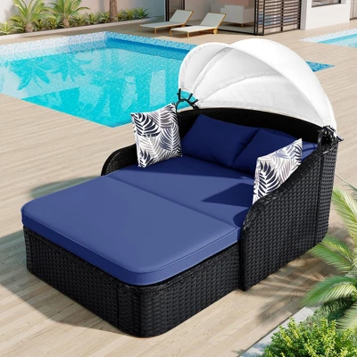 FURNIinspire Patio Chaise Lounges Outdoor Sunbed With Adjustable Canopy, Patio Chaise Lounge, Black Wicker Daybed And Blue Cushion, 79.9“*52.4"*49.6" 5 FURNIinspire Patio Chaise Lounges Outdoor Sunbed With Adjustable Canopy, Patio Chaise Lounge, Black Wicker Daybed And Blue Cushion, 79.9“*52.4"*49.6" - Image 5