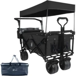 FURNIinspire Outdoor Serving Carts Collapsible Wagon 140L Wagons Carts Foldable With Removable Canopy Folding Wagon Cart, Black, 35.4"*19.7"*44.5" -Home Decor GUEST 2e56ff4c 15ec 4949 a4be 2579fb4e247e
