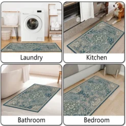 FURNIinspire Floor Mats Home 3 Piece Kitchen Rug Machine Washable Floor Mat For Living Room, Vintage Carpet, Non Slip, Blue, 60"*20" -Home Decor GUEST 2e6f83ae d59b 4be1 a845 f7a8d08a2140