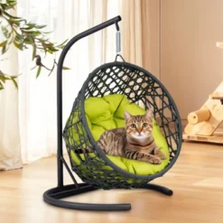 FURNIinspire Pet Beds Cat Swing Bed With Stand, Cushion, Rattan Wicker Cat Egg Chair, Indoor Cooling Pet Bed Dog Bed, Green, 19.3"*19.3"*28.7" -Home Decor GUEST 2e88865e c3b4 48ce bde0 2b585f037168