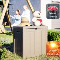 FURNIinspire Deck Boxes 50 Gallon Deck Box, Outdoor And Indoor Storage Container, Waterproof Resin Storage Bin, Storage Box, Light Brown, 22“*22”*24“ -Home Decor GUEST 2ec0698a 8287 4dfb 990b d5d2b44a4061