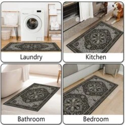 FURNIinspire Floor Mats Home 3 Piece Kitchen Rug Machine Washable Floor Mat For Living Room, Vintage Carpet, Non Slip, Black, 60"*20" -Home Decor GUEST 301d3950 15a8 4be8 884d 05a51feedc99
