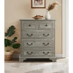 FURNIinspire Dressers 5 Drawers Dresser With Natural Texture, Storage Dressers Organizer For Bedroom, Living Room, Nursery, Gray, 31.5"*15.55"*35.43"