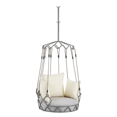 FURNIinspire Patio Swings Outdoor Porch Swing Chair Hanging Basket For Backyard, Garden, Hanging Chair With UV Resistant Cushion, Beige, 34"*32"*77" 1 FURNIinspire Patio Swings Outdoor Porch Swing Chair Hanging Basket For Backyard, Garden, Hanging Chair With UV Resistant Cushion, Beige, 34"*32"*77"