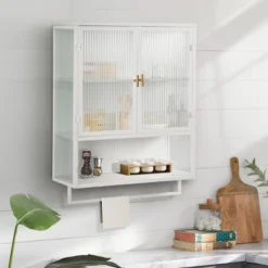 FURNIinspire Kitchen And Dining Cabinets Modern Wall Cabinet Closet Pantry Cabinets With Glass Door, Shelf, Towel Rack, White, 9.06"*23.62"*30.71"