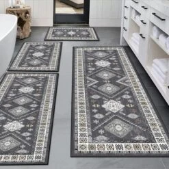 FURNIinspire Floor Mats 4 Piece Farmhouse Kitchen Rug Washable Area Rugs Non Skid Bohemian Mat For Hallway Entryway, Grey, 60"*20" -Home Decor GUEST 3675054e 0ac7 4412 9d78 5d99bca22a1c