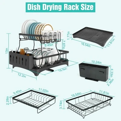 FURNIinspire Dish Racks 2-Tier Kitchen Holder Dish Drying Rack Detachable Drainer Organizer Utensil Cup Rack Swivel, Black, 17.36"*12.68"*4.29" 2 FURNIinspire Dish Racks 2-Tier Kitchen Holder Dish Drying Rack Detachable Drainer Organizer Utensil Cup Rack Swivel, Black, 17.36"*12.68"*4.29" - Image 2