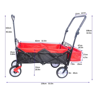 FURNIinspire Wheelbarrows And Lawn Carts Folding Wagon Collapsible Outdoor Utility Wagon, Lawn Car With Adjustable Handles, Black And Red, 53“*20"*43" 2 FURNIinspire Wheelbarrows And Lawn Carts Folding Wagon Collapsible Outdoor Utility Wagon, Lawn Car With Adjustable Handles, Black And Red, 53“*20"*43" - Image 2
