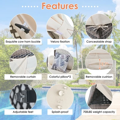 FURNIinspire Patio Chaise Lounges Patio Daybed With Cushions And Tent, Wicker Sunbed For Backyard, Garden, Brown And Beige, 72.4“*90.5"*102.4" 4 FURNIinspire Patio Chaise Lounges Patio Daybed With Cushions And Tent, Wicker Sunbed For Backyard, Garden, Brown And Beige, 72.4“*90.5"*102.4" - Image 4