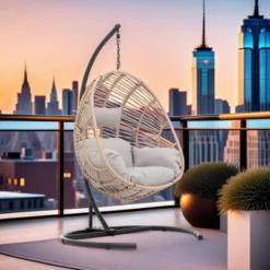 FURNIinspire Patio Swings Wicker Swing Egg Chair With Stand, Outdoor Indoor Hanging Chair With Beige Seat Cushion, Natural Color, 42“*47"*73" -Home Decor GUEST 3f7de621 b8d2 470f 9d09 f233f0f620a5