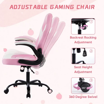 FURNIinspire Task And Office Chairs Pu Leather Office Chair Swivel Computer Gaming Chair With Lumbar Support, Pink And White, 25"*28"*46" 4 FURNIinspire Task And Office Chairs Pu Leather Office Chair Swivel Computer Gaming Chair With Lumbar Support, Pink And White, 25"*28"*46" - Image 4