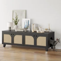 FURNIinspire Pet Crates And Houses Double Large Hidden Cat Litter Box Enclosure Furniture Cabinet With Rattan Doors, Black, 57.9"*19.7"*19.7" -Home Decor GUEST 469a3c8a 2a5b 403f 99dc 17c5fb157483