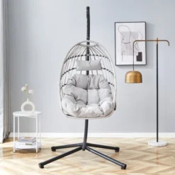FURNIinspire Patio Swings Hanging Chair With Wicker Weave, Single Person Swing With Seat Cushion For Indoor And Outdoor, Gray, 37“*37"*79" -Home Decor GUEST 48525dfa c243 4054 ab7b b0d7cca55b51