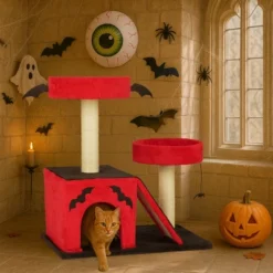 FURNIinspire Pet Tower Gothic Cat Tree Tower Halloween Pet Furniture Cute Cat Toys House With Condo, Scratching Posts, Red, 25.6"*17.7"*27.5" -Home Decor GUEST 4cdfd3ba d2ef 454c 911a f1072a582e5d