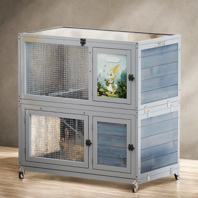FURNIinspire Pet Crates And Houses Deluxe Two Story Rabbit Hutch With Slip Proof Ramps And Removable Trays, Grey, 35.4"*19.7"*36.6" 4 FURNIinspire Pet Crates And Houses Deluxe Two Story Rabbit Hutch With Slip Proof Ramps And Removable Trays, Grey, 35.4"*19.7"*36.6" - Image 4