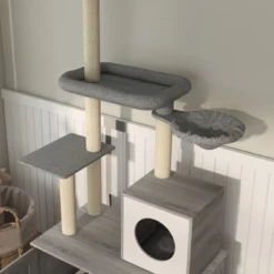 FURNIinspire Pet Tower Cat Playhouse Cat Tree Cat Tower With Litter Box Enclosure, Hammock, Scratching Posts, Platforms, Gray, 31.5"*18.9"*102.4" -Home Decor GUEST 501ece42 8cdb 4030 a580 46867faba50f