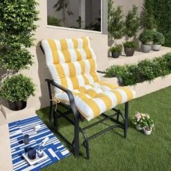 FURNIinspire Outdoor Seat Cushions 2 Pcs Set High Back Patio Chair Cushions, Yellow And White Stripes Seat Cushion, Multicolored, 44"*22"*4"