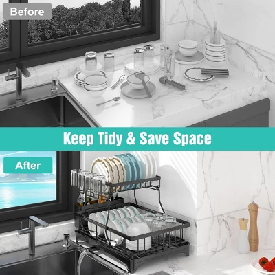 FURNIinspire Dish Racks 2-Tier Kitchen Holder Dish Drying Rack Detachable Drainer Organizer Utensil Cup Rack Swivel, Black, 17.36"*12.68"*4.29" 5 FURNIinspire Dish Racks 2-Tier Kitchen Holder Dish Drying Rack Detachable Drainer Organizer Utensil Cup Rack Swivel, Black, 17.36"*12.68"*4.29" - Image 5