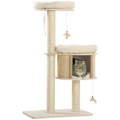 FURNIinspire3-Level Cat Tree With Sisal Scratching Posts, Fun Cat Badminton Toy For Playing, Soft Cushions & Play Areas, 25.5"*17.75"*46.5" 5 FURNIinspire3-Level Cat Tree With Sisal Scratching Posts, Fun Cat Badminton Toy For Playing, Soft Cushions & Play Areas, 25.5"*17.75"*46.5" - Image 5