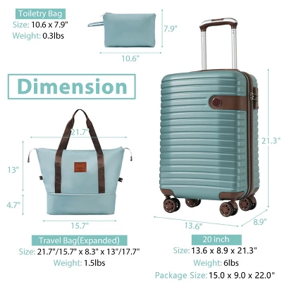 FURNIinspire Bag And Luggage Sets 3 Piece Carry On Luggage Sets, Lightweight Hard Shell Suitcase With Wheel, Bag Set, Blue, 8.9"*13.6"*21.3" 2 FURNIinspire Bag And Luggage Sets 3 Piece Carry On Luggage Sets, Lightweight Hard Shell Suitcase With Wheel, Bag Set, Blue, 8.9"*13.6"*21.3" - Image 2