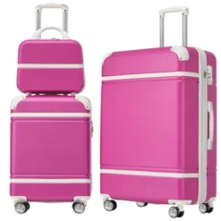 FURNIinspire Bag And Luggage Sets Luggage Sets 3 Pieces Luggage And Cosmetic Case Spinner Suitcase With TSA Lock Lightweight, Pink, 20" 24""