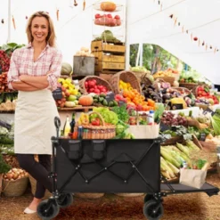 FURNIinspire Outdoor Serving Carts Extra Long Extender Wagon Cart Beach Wagon Cart 480LBS With All-Terrain Wheels, Black, 35.43"*22.83"*43.34"